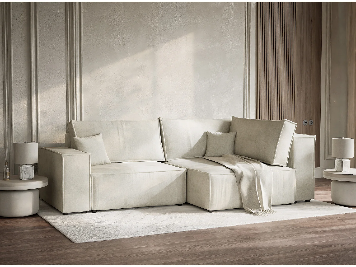 Canapé d'angle droit avec fonction lit en tissu chenille creme TONGA