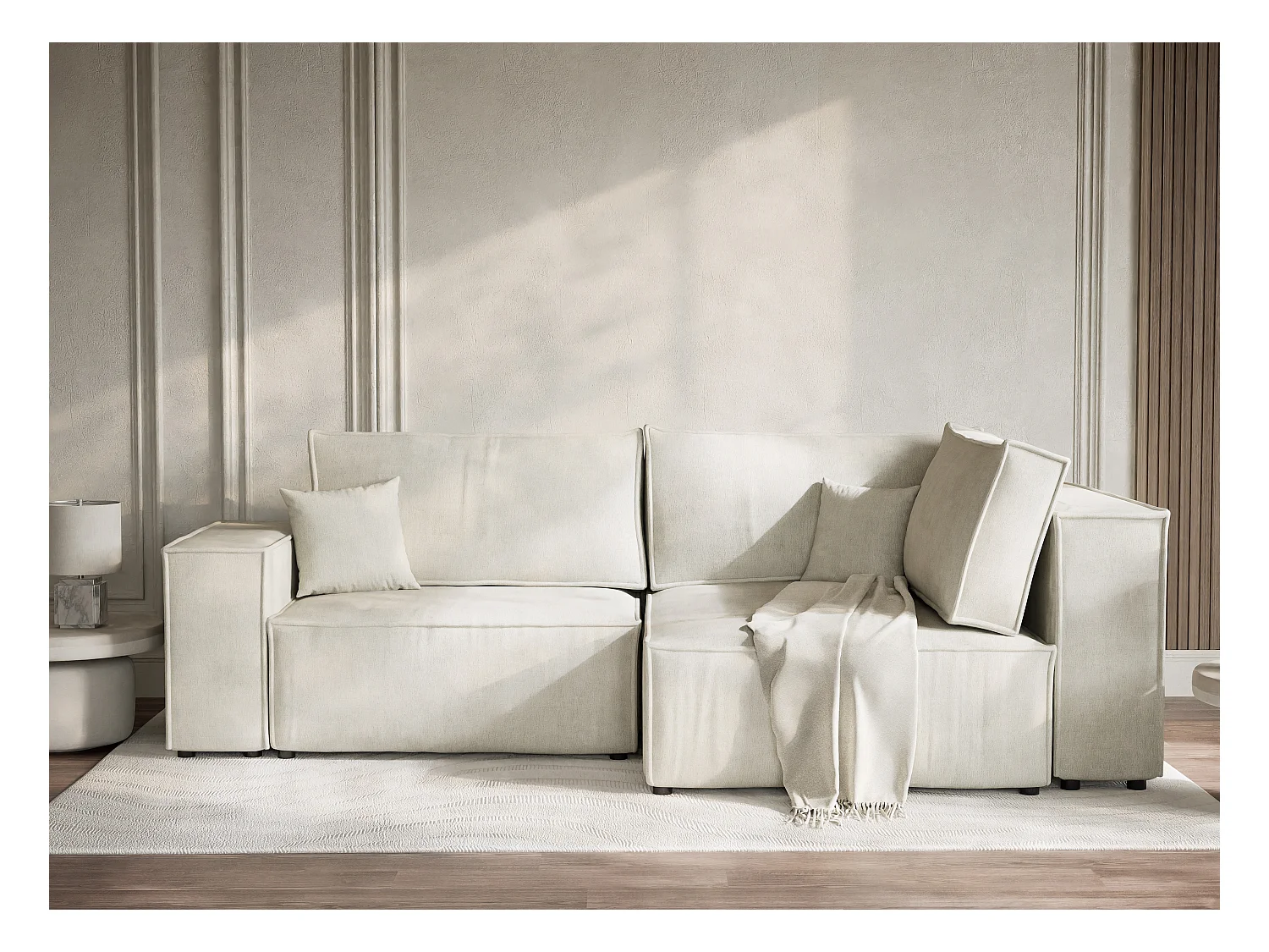 Canapé d'angle droit avec fonction lit en tissu chenille creme TONGA