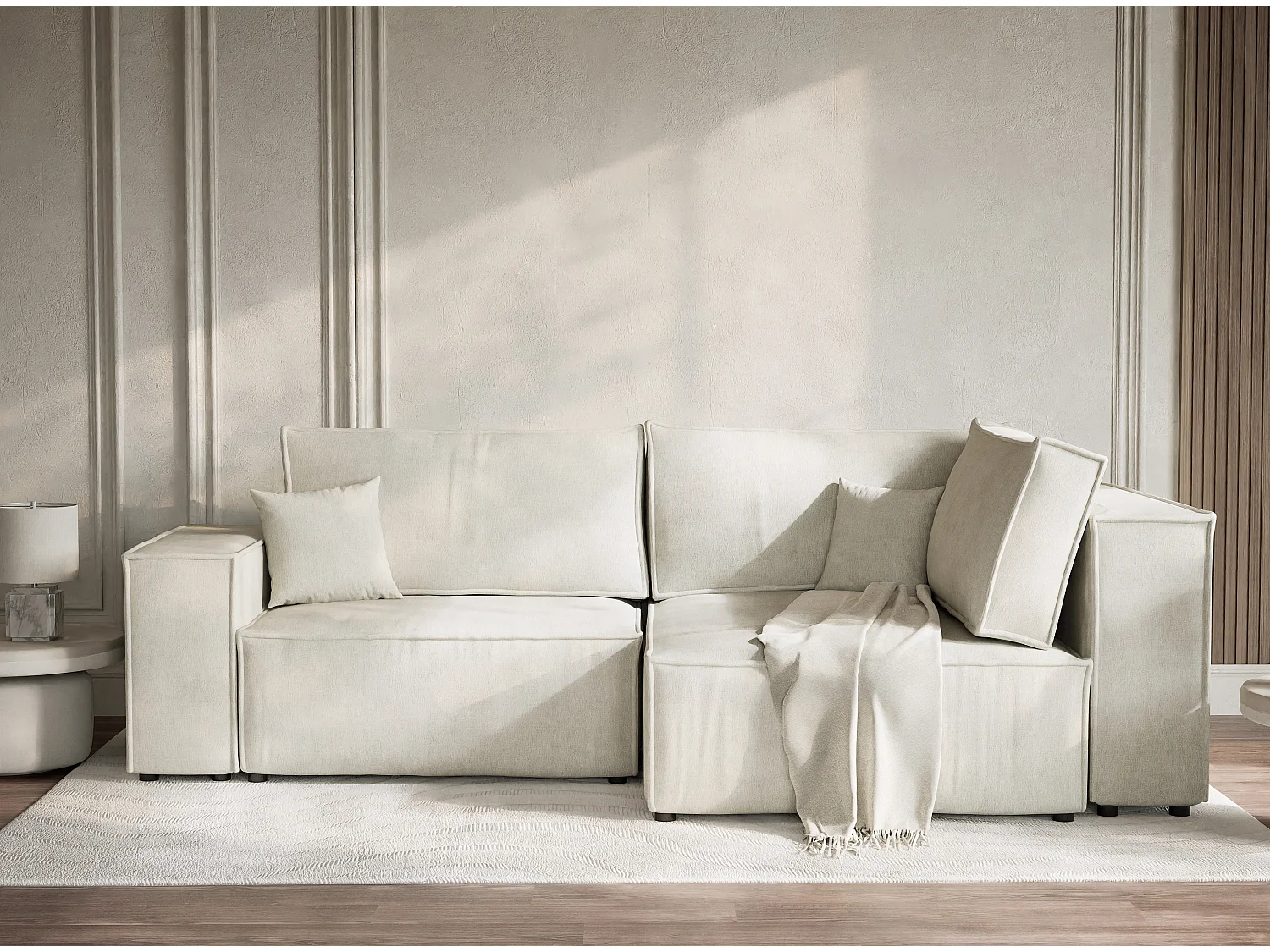 Canapé d'angle droit avec fonction lit en tissu chenille creme TONGA