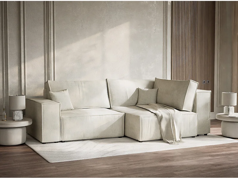 Canapé d'angle droit avec fonction lit en tissu chenille creme TONGA