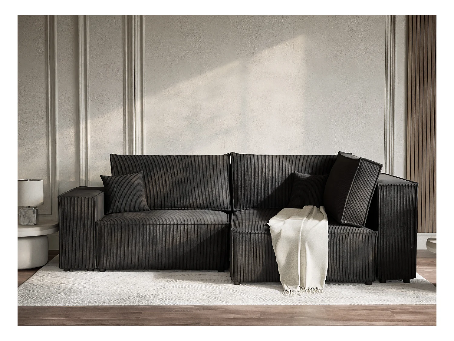 Canapé d'angle droit avec fonction lit en velours graphite TONGA