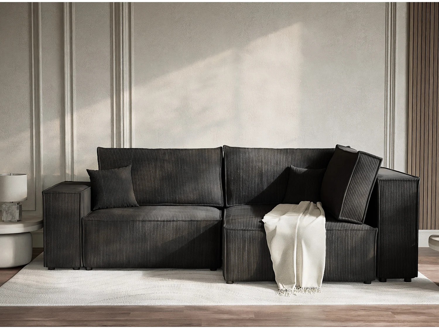 Canapé d'angle droit avec fonction lit en velours graphite TONGA