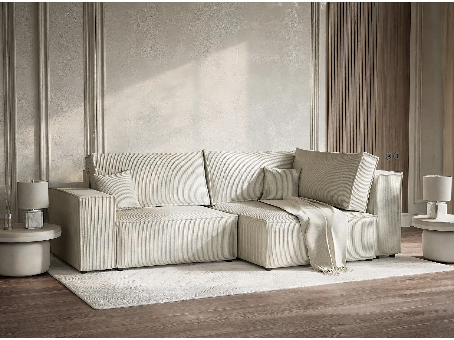 Canapé d'angle droit avec fonction lit en velours creme TONGA