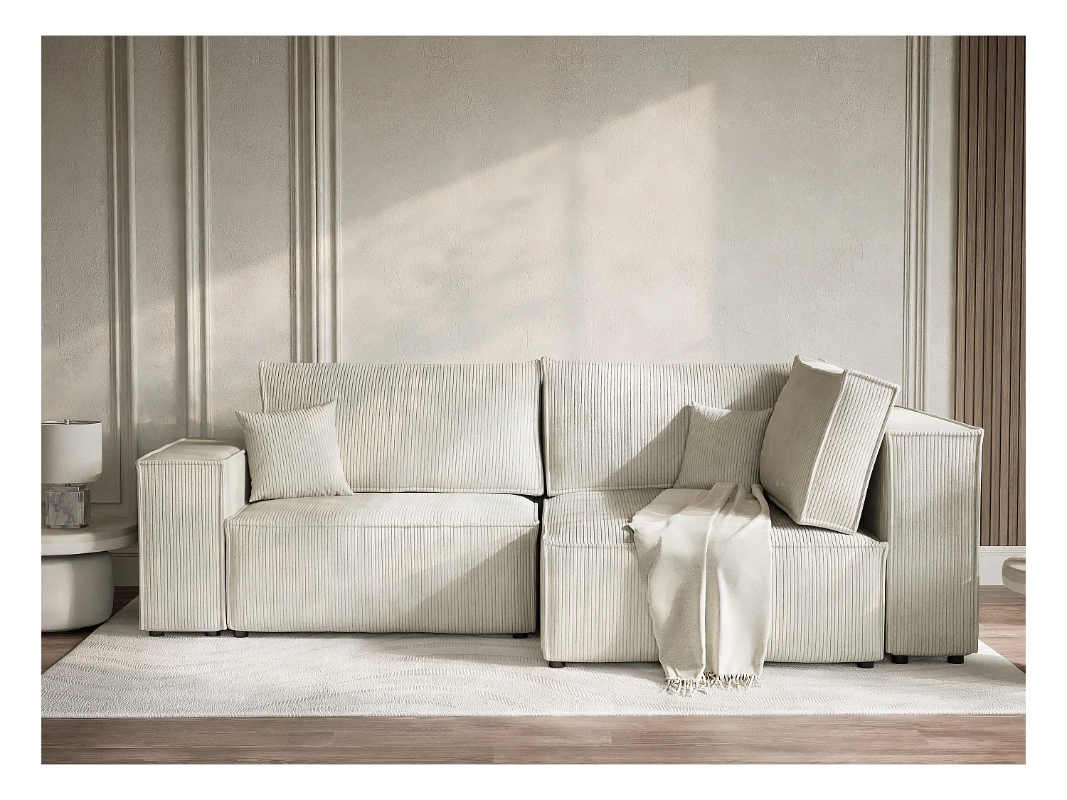 Canapé d'angle droit avec fonction lit en velours creme TONGA