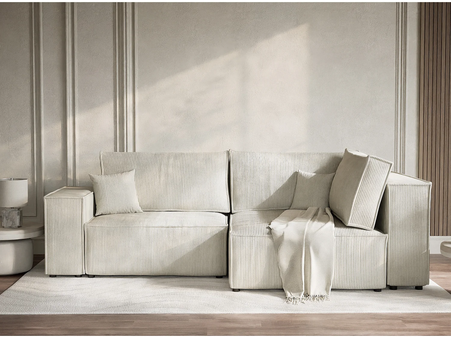 Canapé d'angle droit avec fonction lit en velours creme TONGA