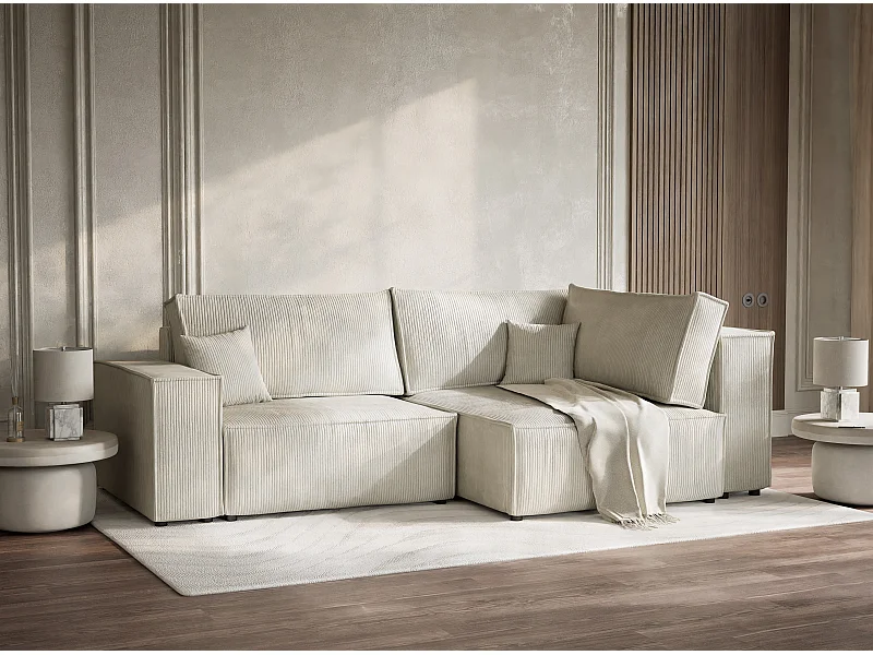 Ecksofa mit Schlaffunktion - Ecke Rechts - 3-Sitzer - Samtstoff - creme - TONGA