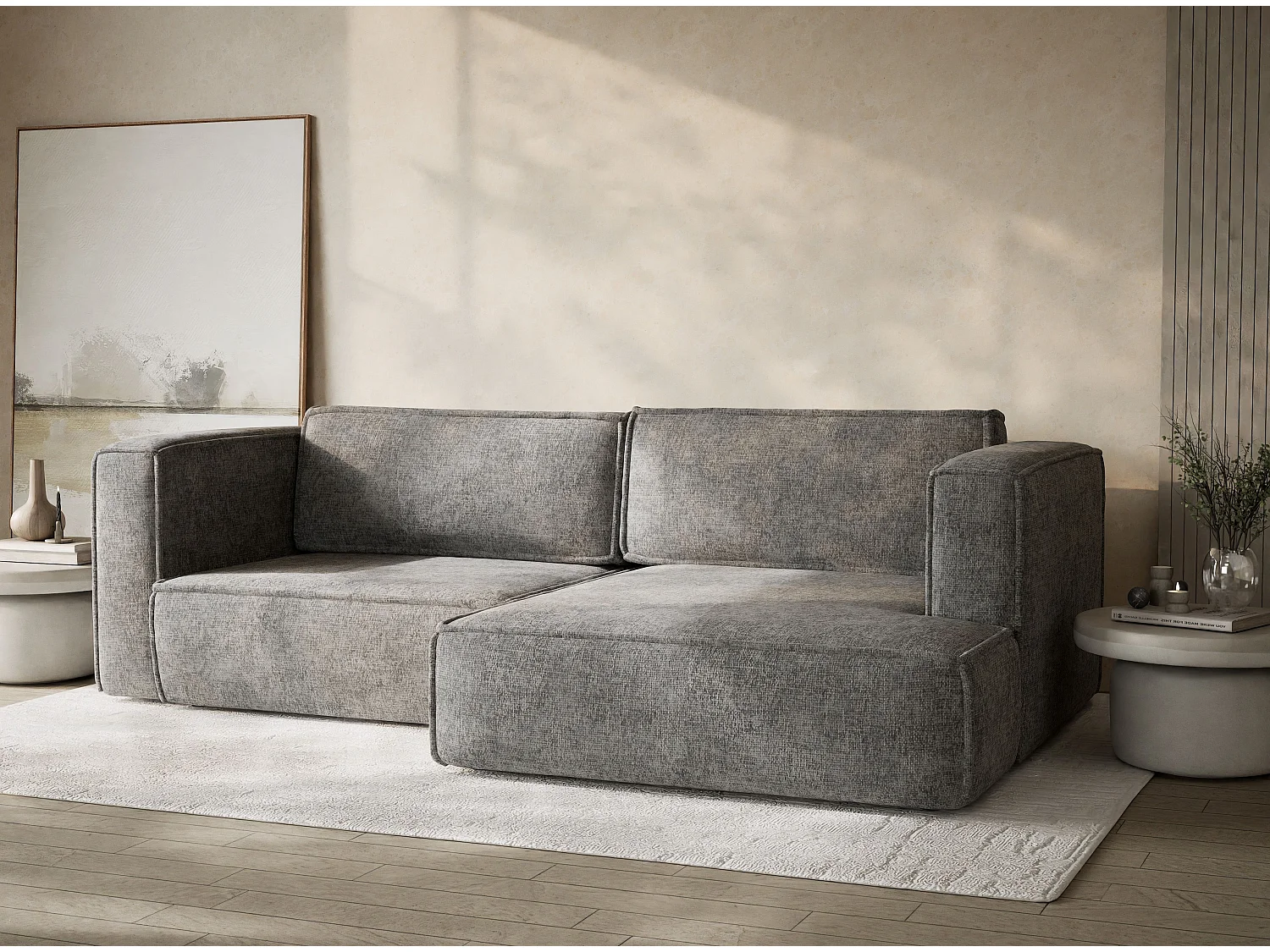 Canapé d'angle droit avec fonction lit en tissu chenille gris VELTO