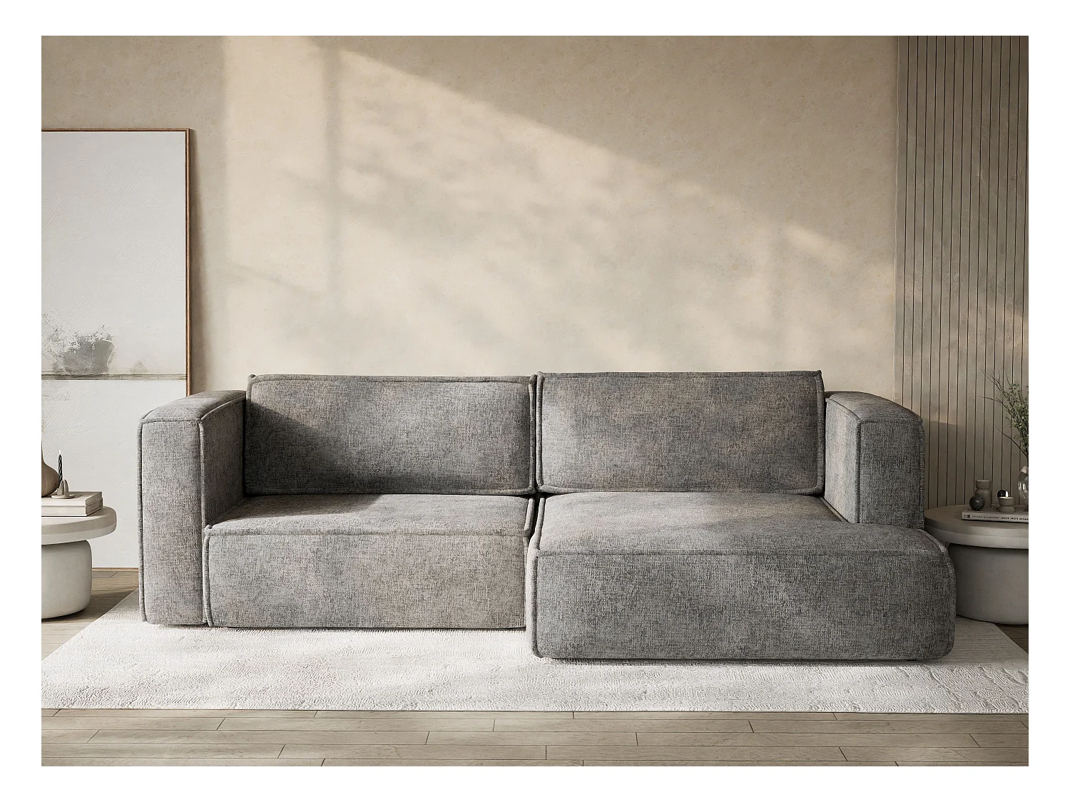 Canapé d'angle droit avec fonction lit en tissu chenille gris VELTO