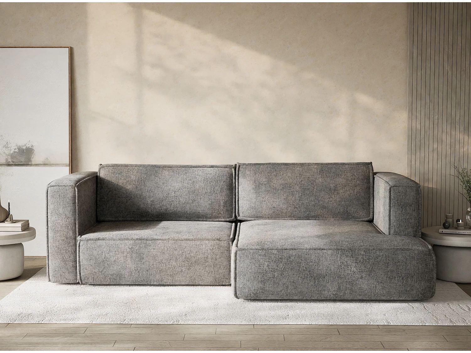 Canapé d'angle droit avec fonction lit en tissu chenille gris VELTO