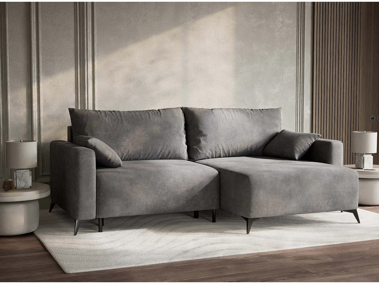 Canapé d'angle droit avec fonction lit en tissu chenille gris LEON