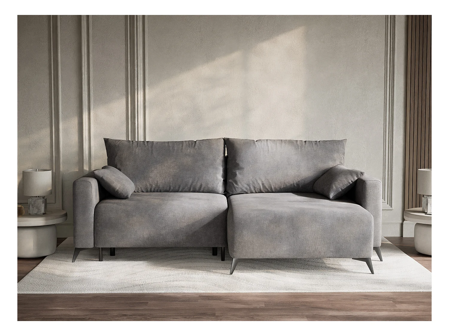 Canapé d'angle droit avec fonction lit en tissu chenille gris LEON