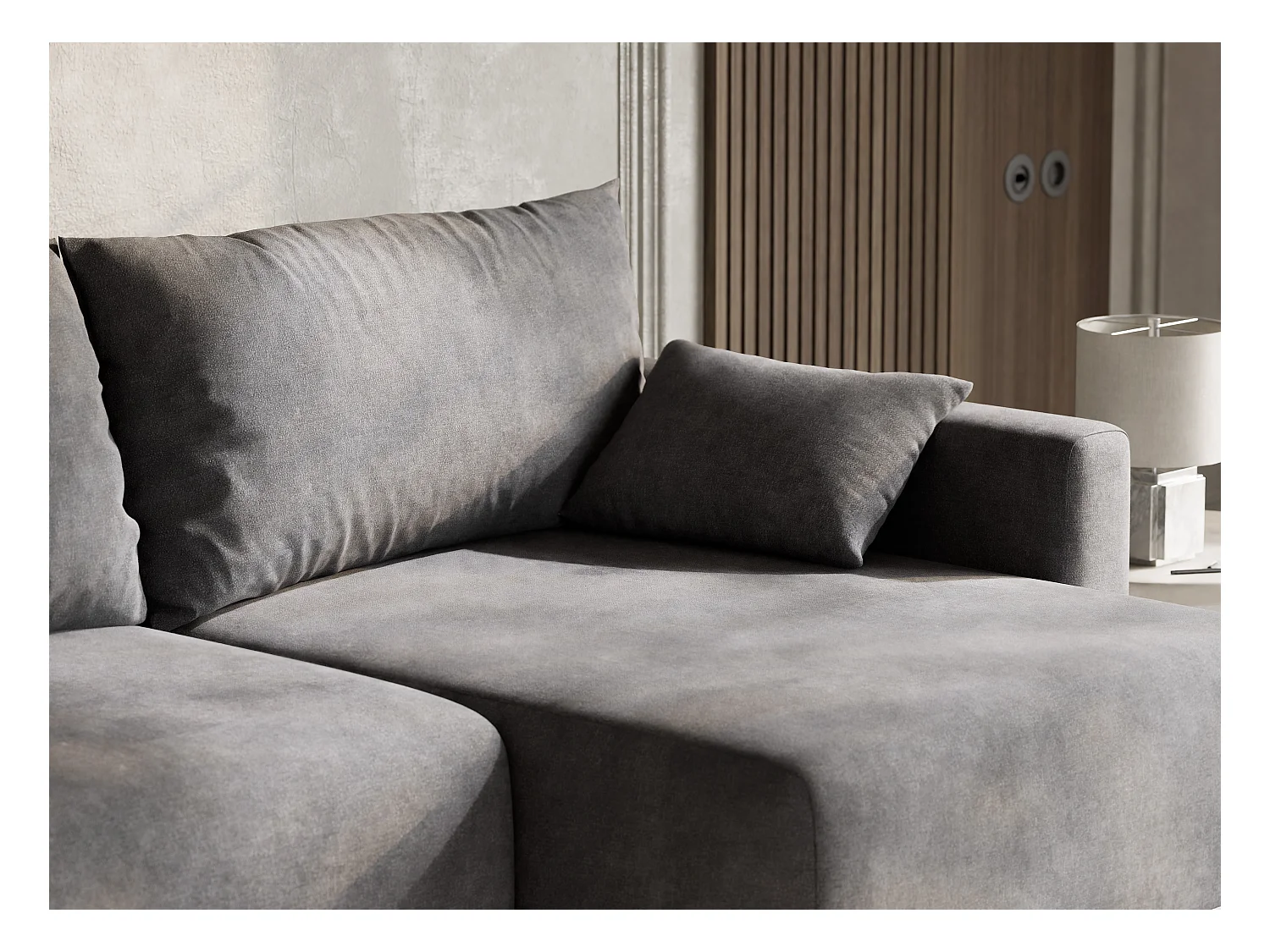 Canapé d'angle droit avec fonction lit en tissu chenille gris LEON