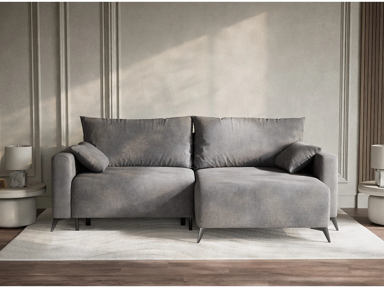 Canapé d'angle droit avec fonction lit en tissu chenille gris LEON