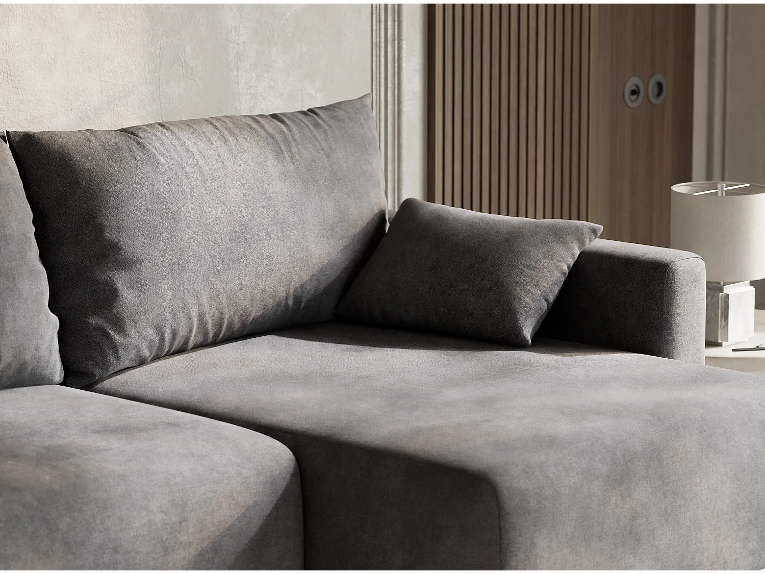 Canapé d'angle droit avec fonction lit en tissu chenille gris LEON