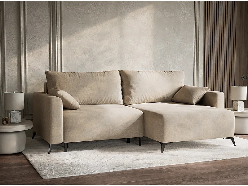 Canapé d'angle droit avec fonction lit en tissu chenille beige LEON