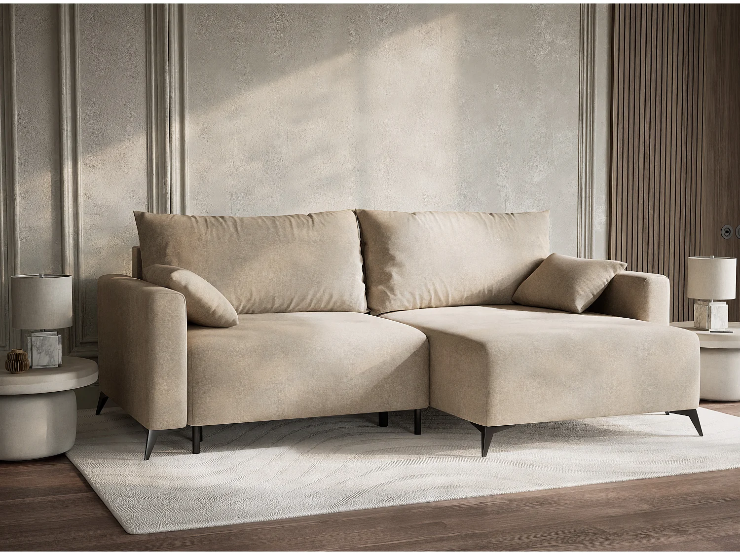 Canapé d'angle droit avec fonction lit en tissu chenille beige LEON