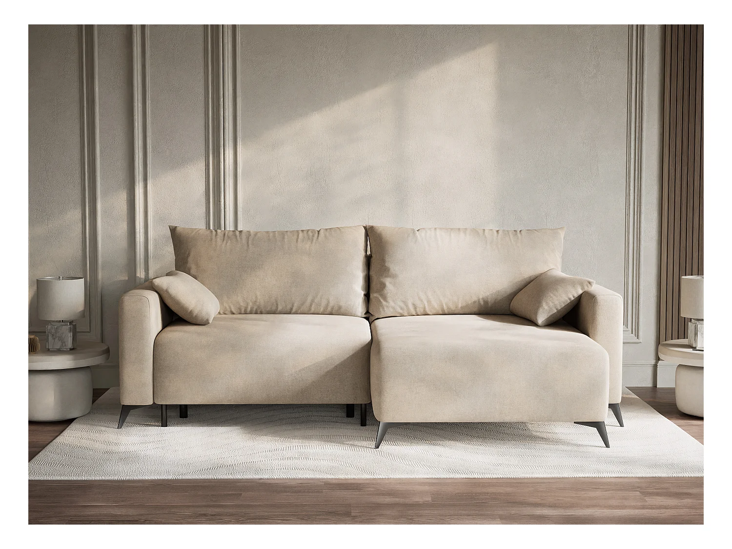 Canapé d'angle droit avec fonction lit en tissu chenille beige LEON