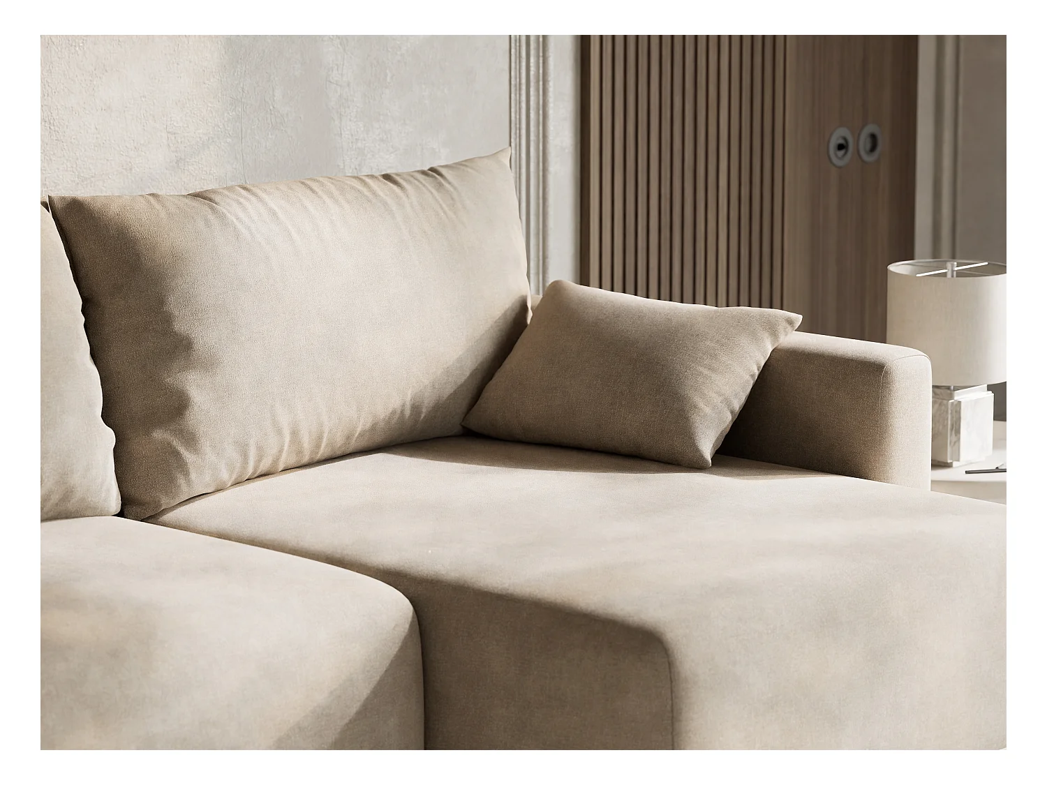 Canapé d'angle droit avec fonction lit en tissu chenille beige LEON