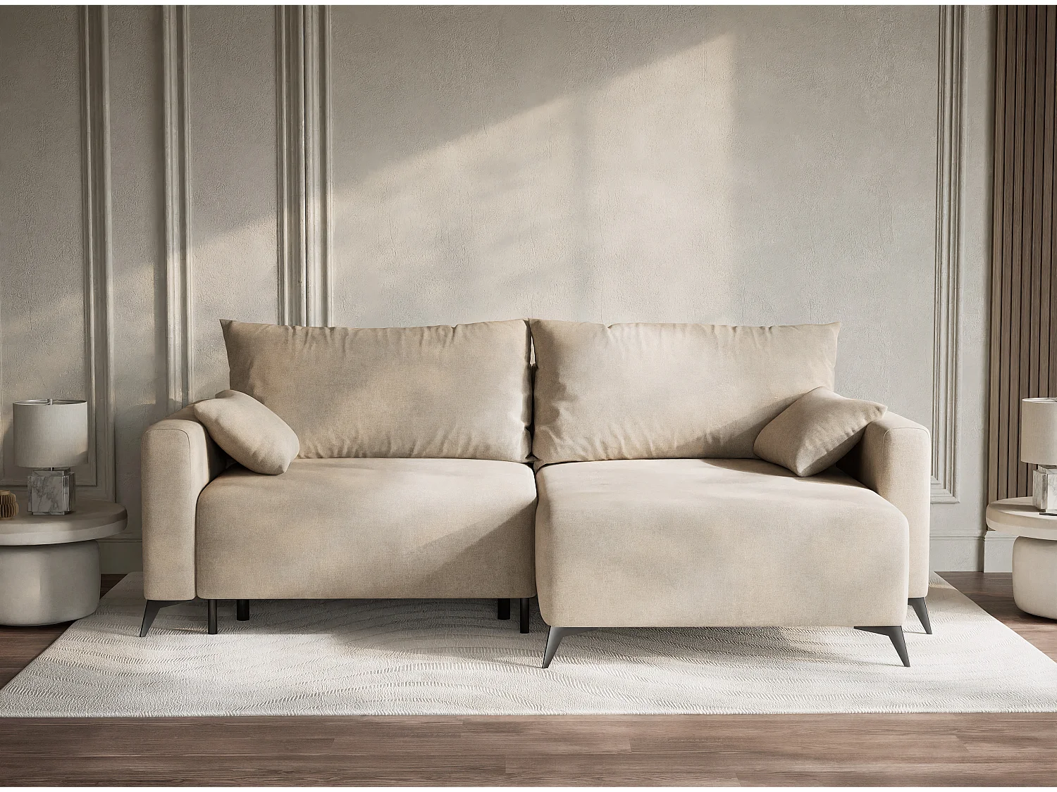 Canapé d'angle droit avec fonction lit en tissu chenille beige LEON