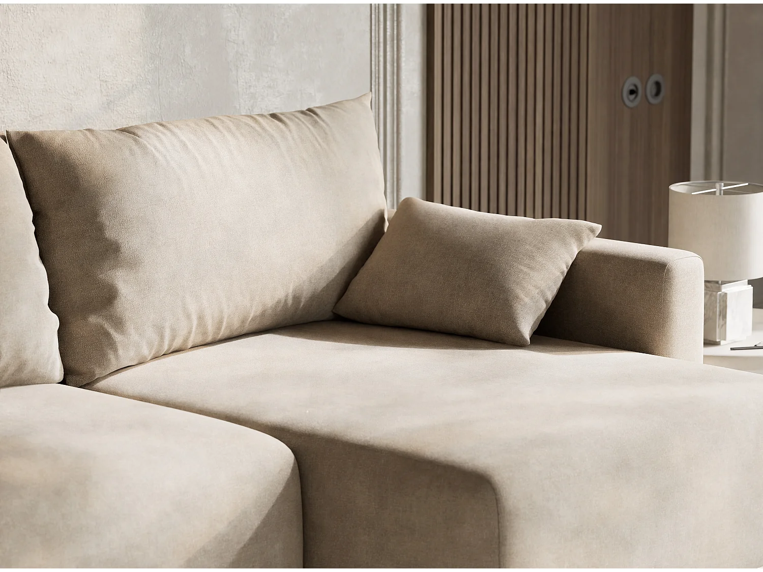 Canapé d'angle droit avec fonction lit en tissu chenille beige LEON