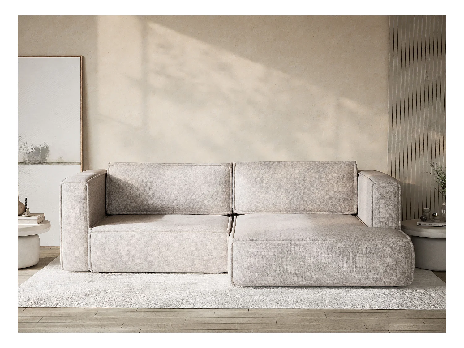 Canapé d'angle droit avec fonction lit en tissu tressé beige foncé VELTO