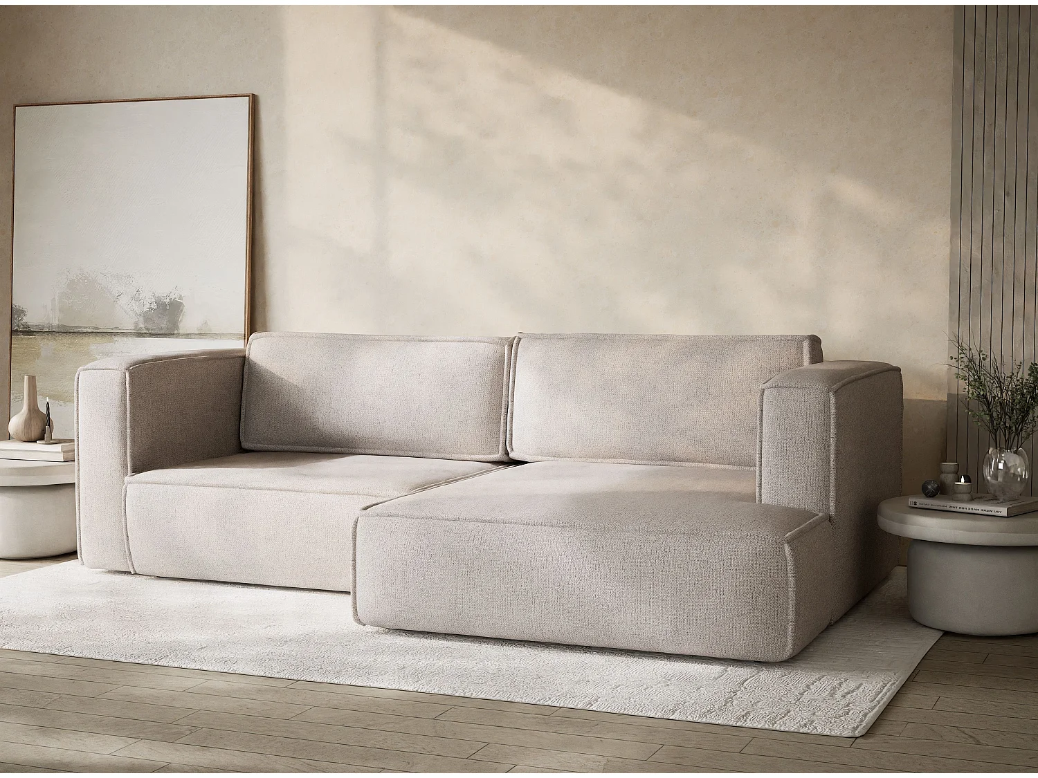 Canapé d'angle droit avec fonction lit en tissu tressé beige foncé VELTO