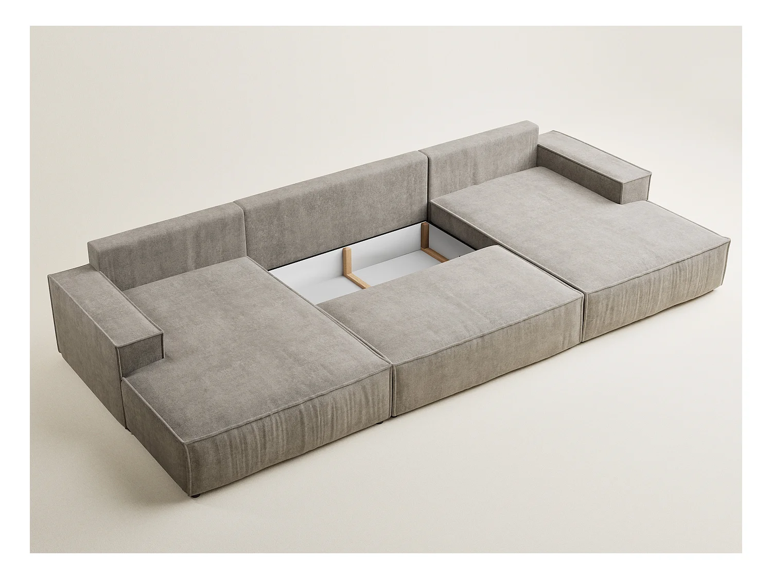 Canapé d'angle panoramique avec fonction lit en tissu chenille taupe KYOTO
