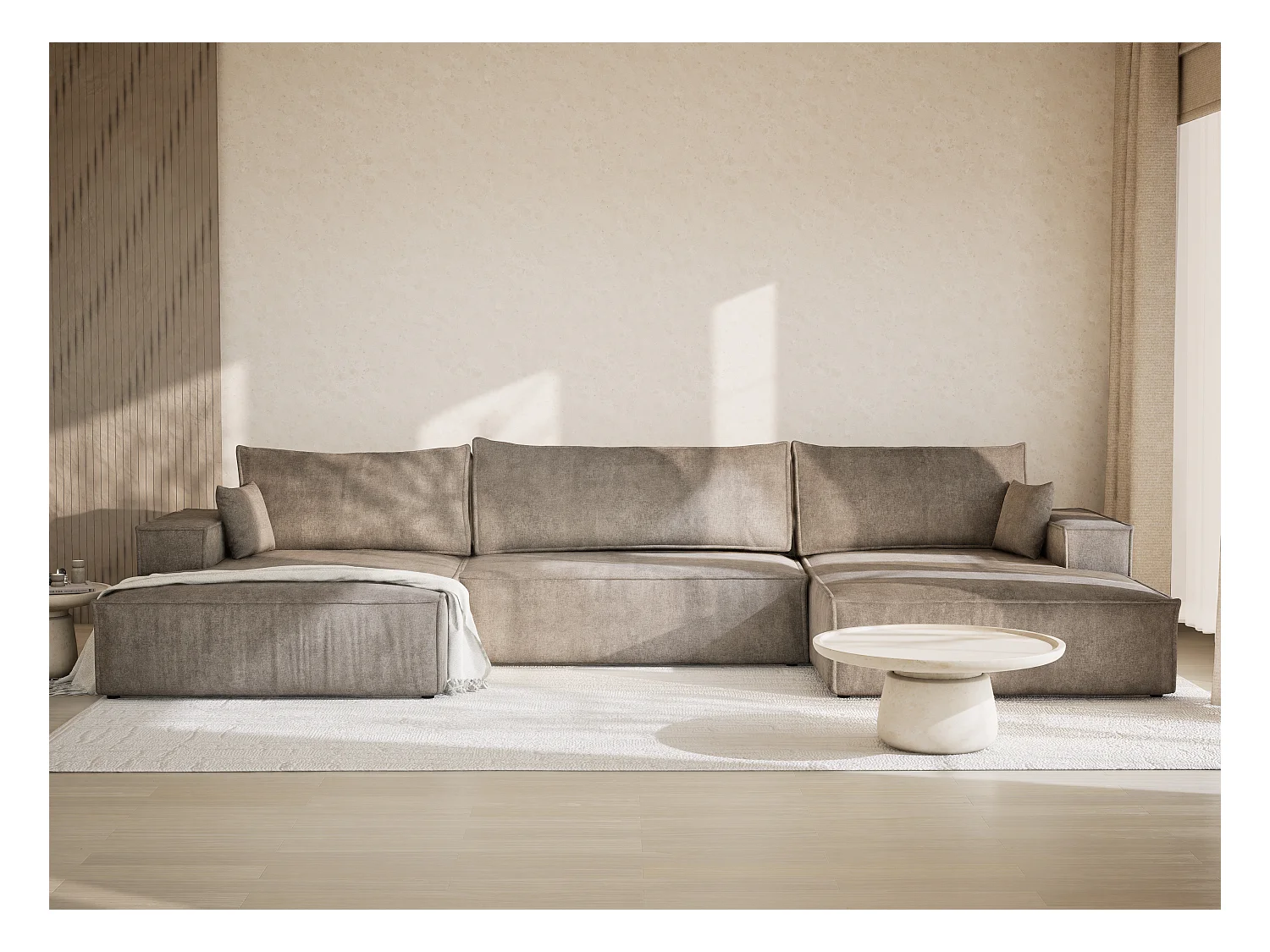 Canapé d'angle panoramique avec fonction lit en tissu chenille taupe KYOTO