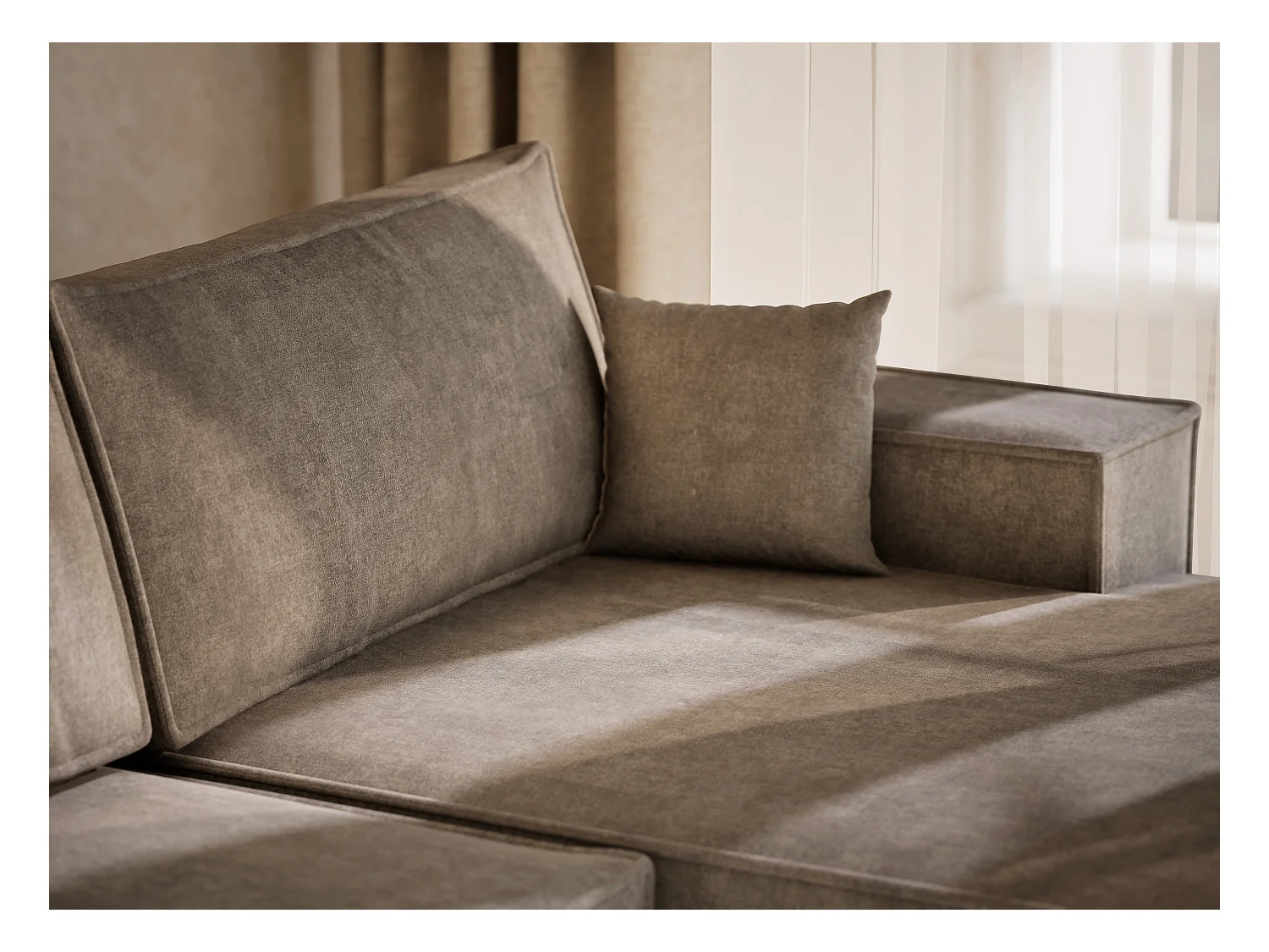 Canapé d'angle panoramique avec fonction lit en tissu chenille taupe KYOTO