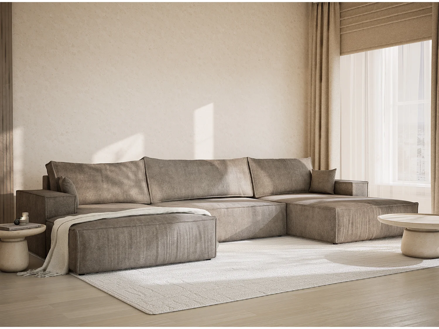 Canapé d'angle panoramique avec fonction lit en tissu chenille taupe KYOTO