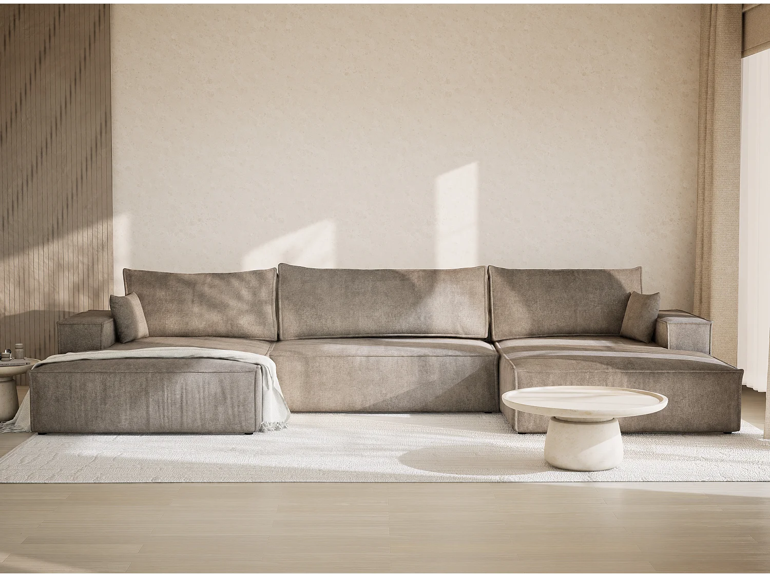 Canapé d'angle panoramique avec fonction lit en tissu chenille taupe KYOTO