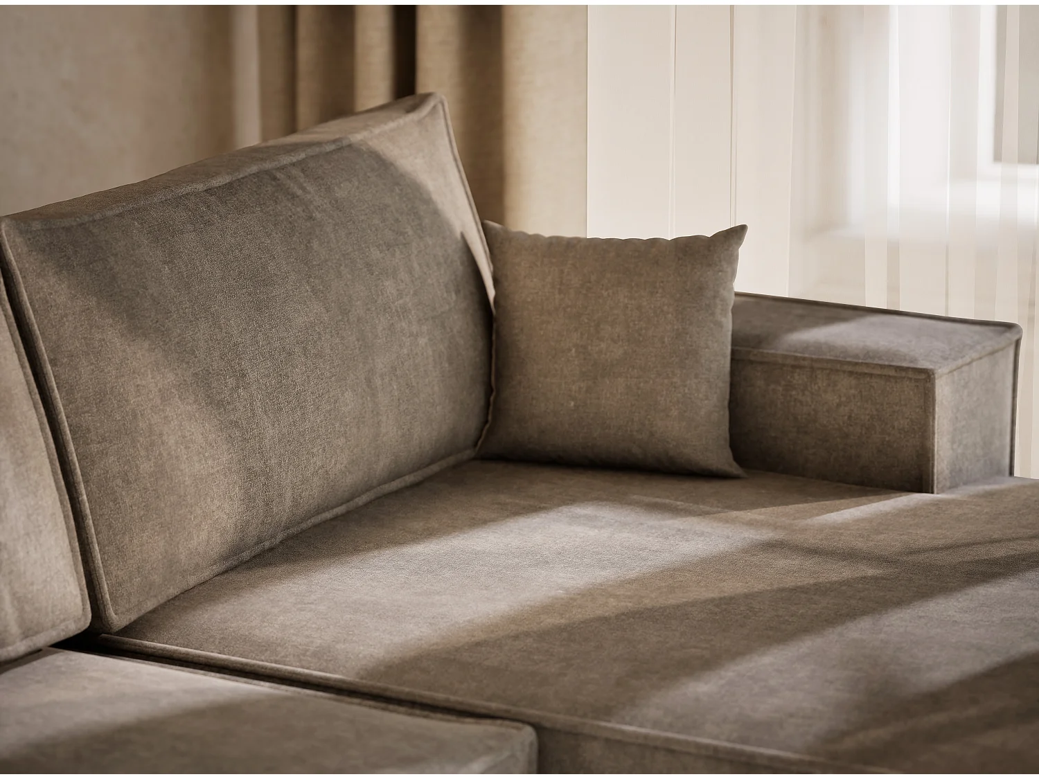 Canapé d'angle panoramique avec fonction lit en tissu chenille taupe KYOTO