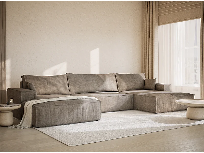 Sofa panoramiczna rozkładana wieloosobowa w tkaninie szenilowej taupe KYOTO