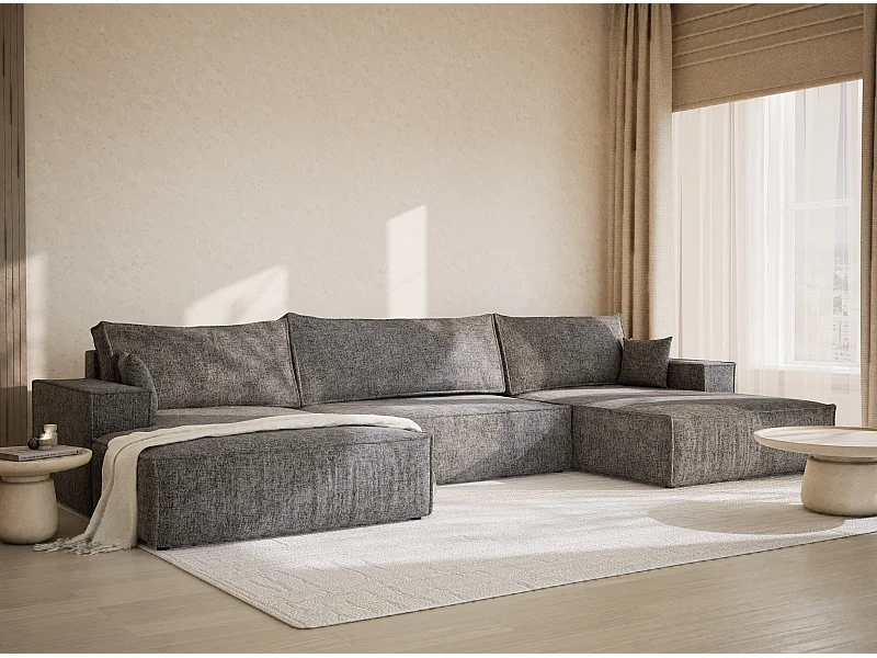 Canapé d'angle panoramique avec fonction lit en tissu chenille gris KYOTO