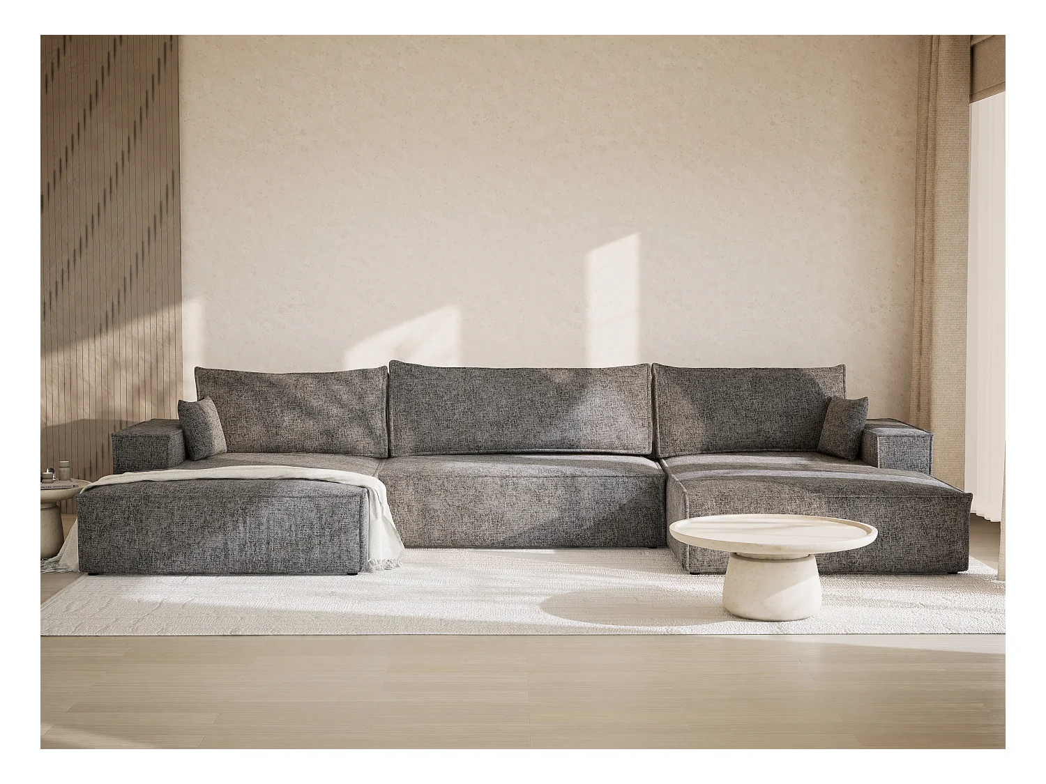 Canapé d'angle panoramique avec fonction lit en tissu chenille gris KYOTO