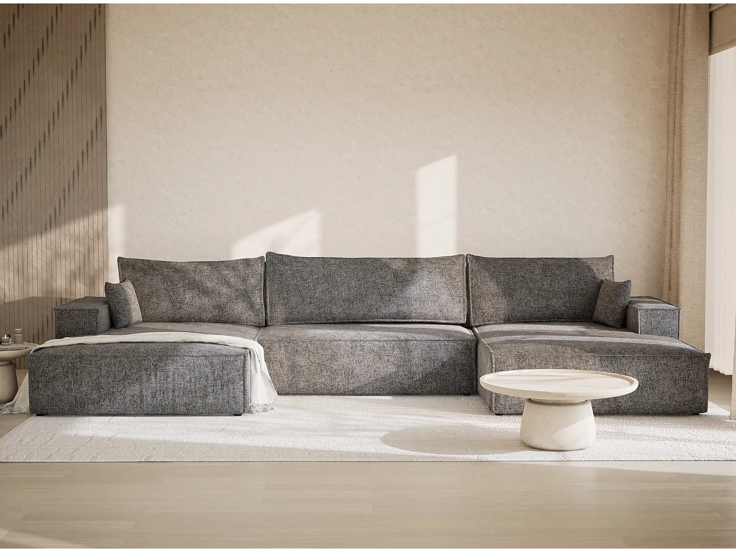 Canapé d'angle panoramique avec fonction lit en tissu chenille gris KYOTO