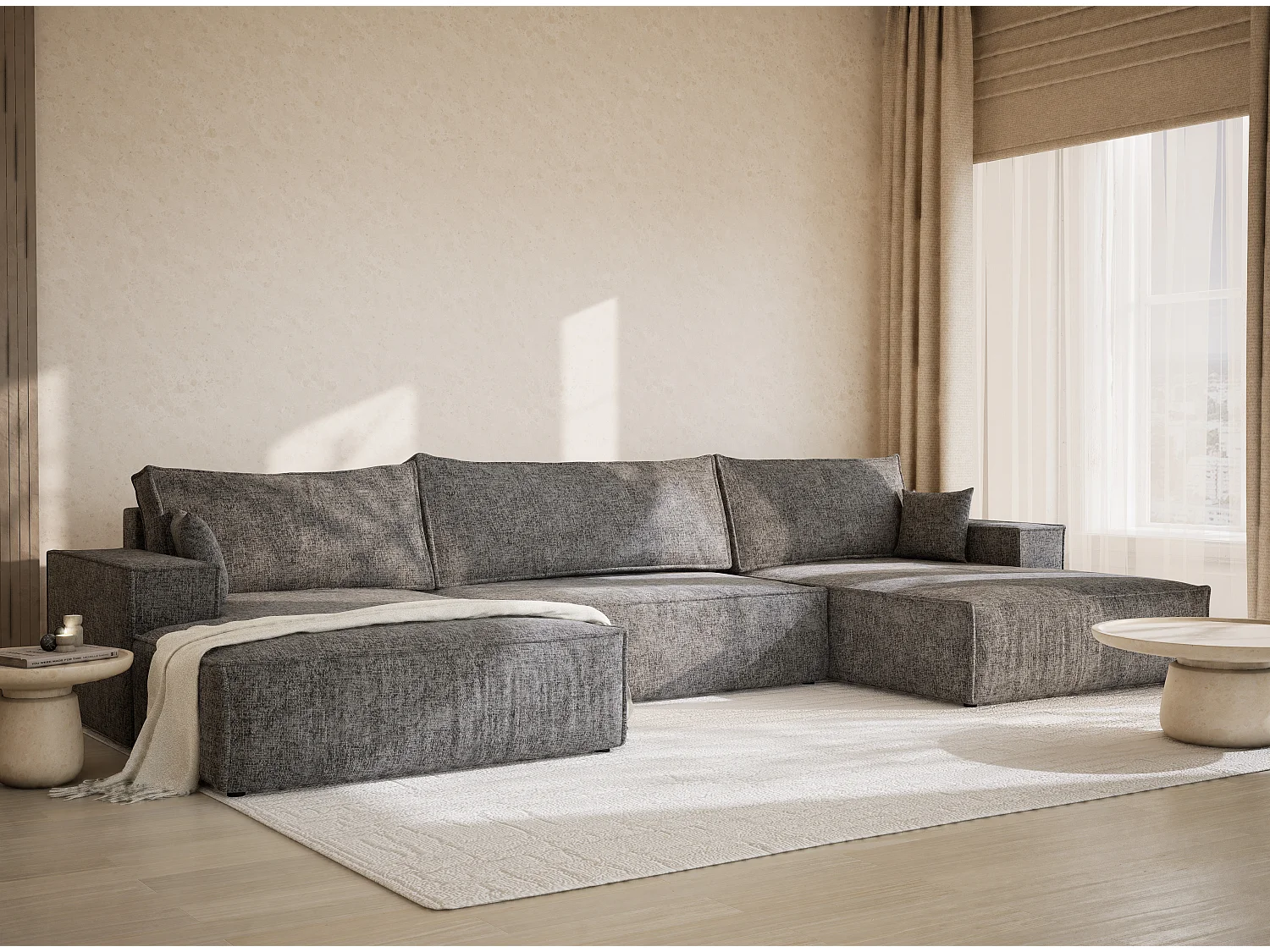Canapé d'angle panoramique avec fonction lit en tissu chenille gris KYOTO