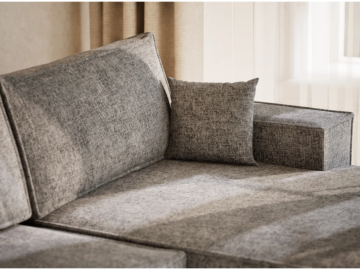 Canapé d'angle panoramique avec fonction lit en tissu chenille gris KYOTO