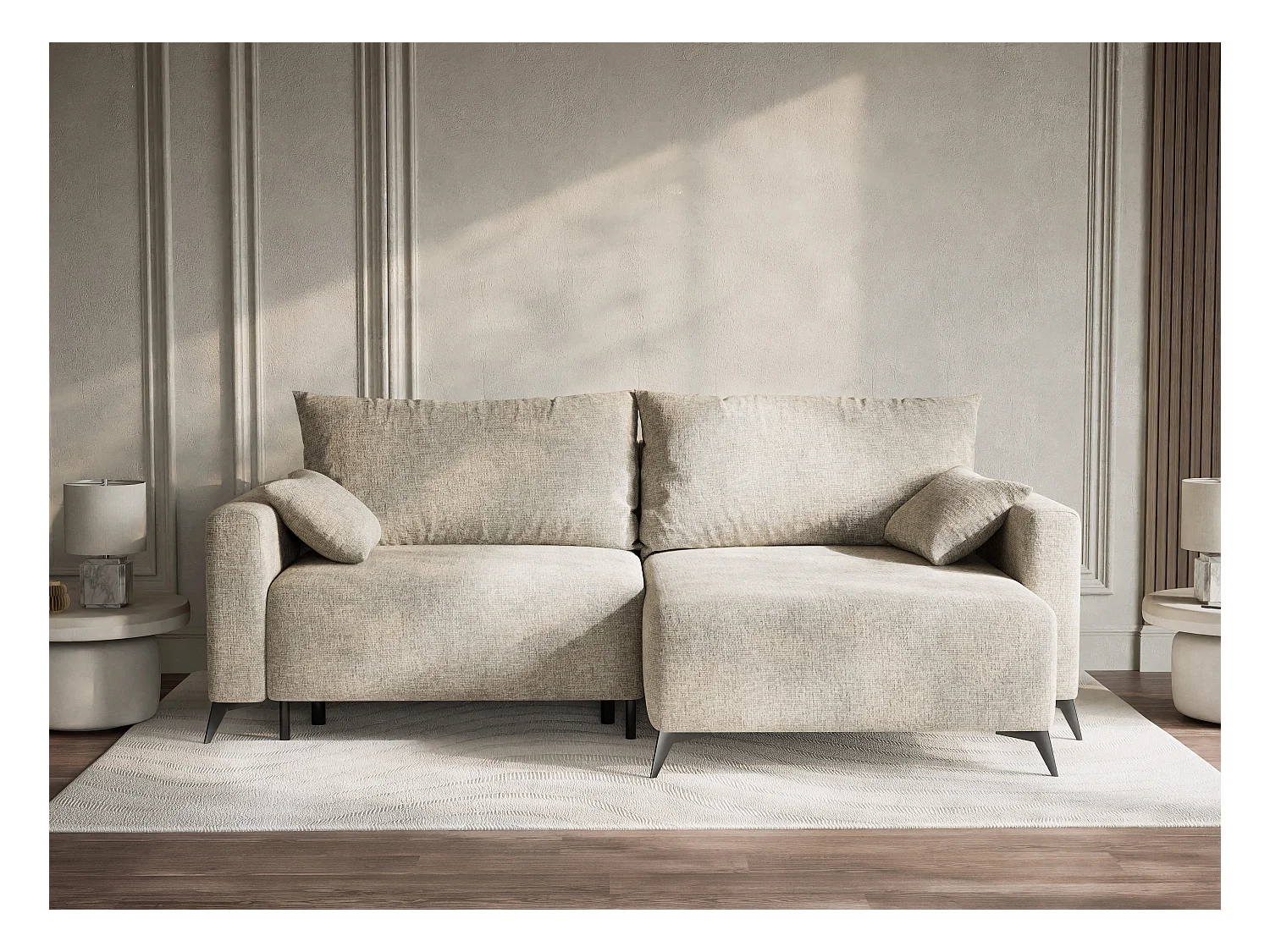 Canapé d'angle droit avec fonction lit en tissu chenille beige LEON