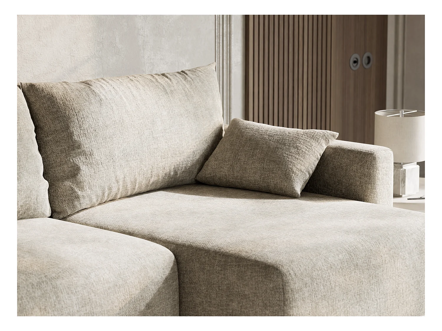 Canapé d'angle droit avec fonction lit en tissu chenille beige LEON