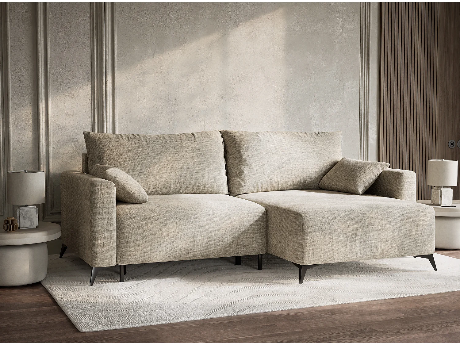 Canapé d'angle droit avec fonction lit en tissu chenille beige LEON