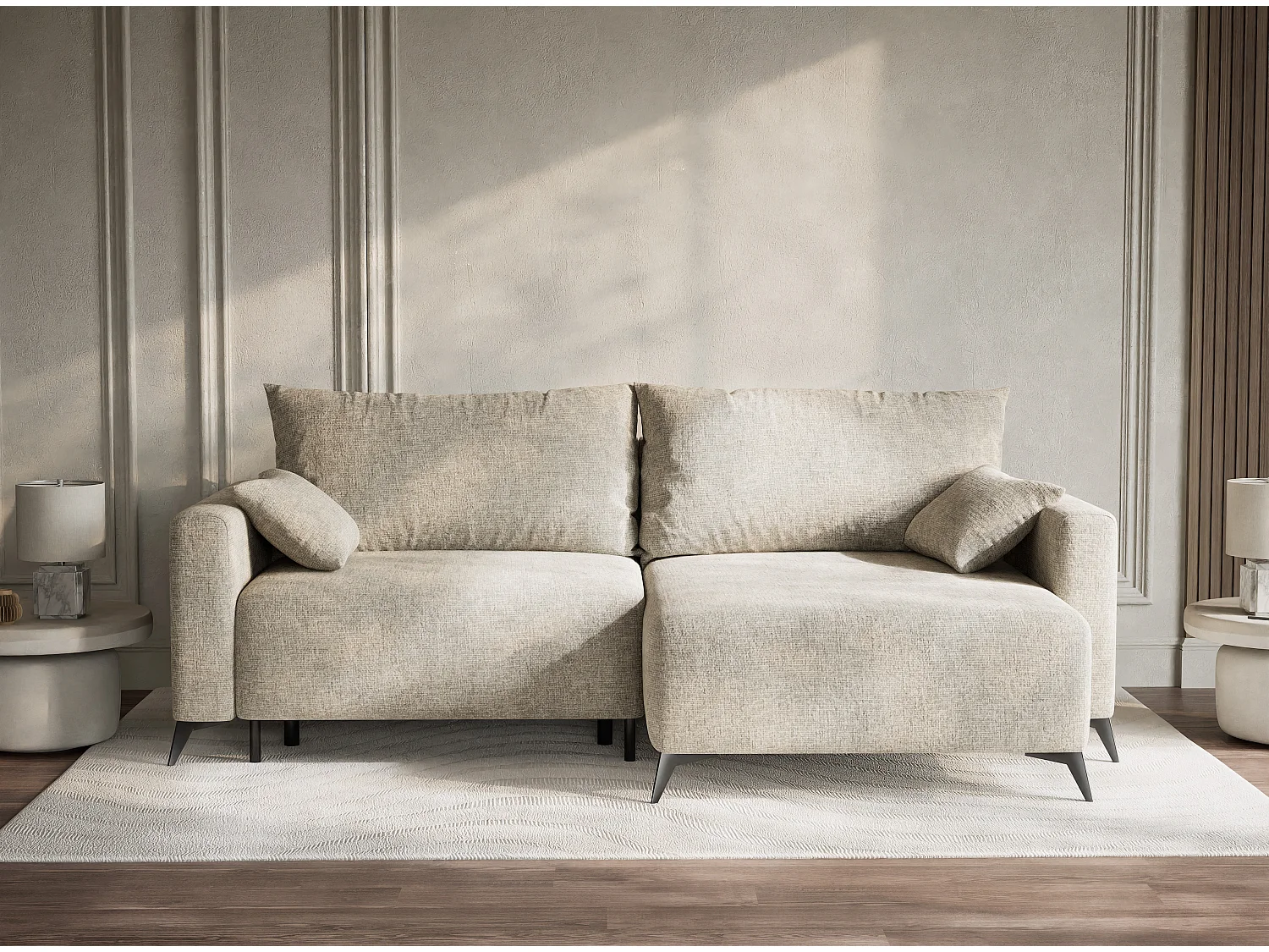 Canapé d'angle droit avec fonction lit en tissu chenille beige LEON