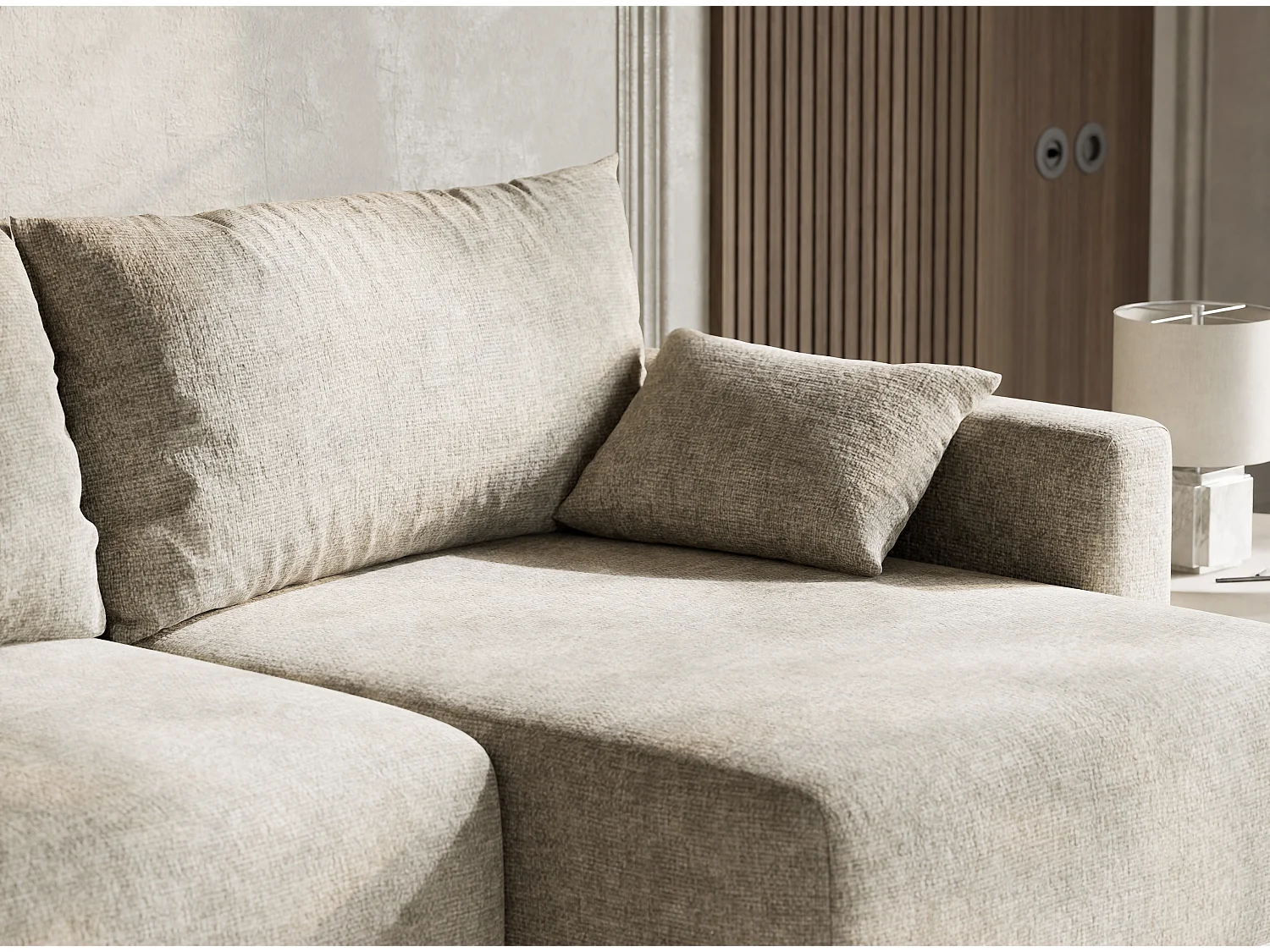 Canapé d'angle droit avec fonction lit en tissu chenille beige LEON