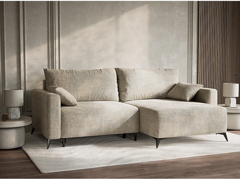 Canapé d'angle droit avec fonction lit en tissu chenille beige LEON