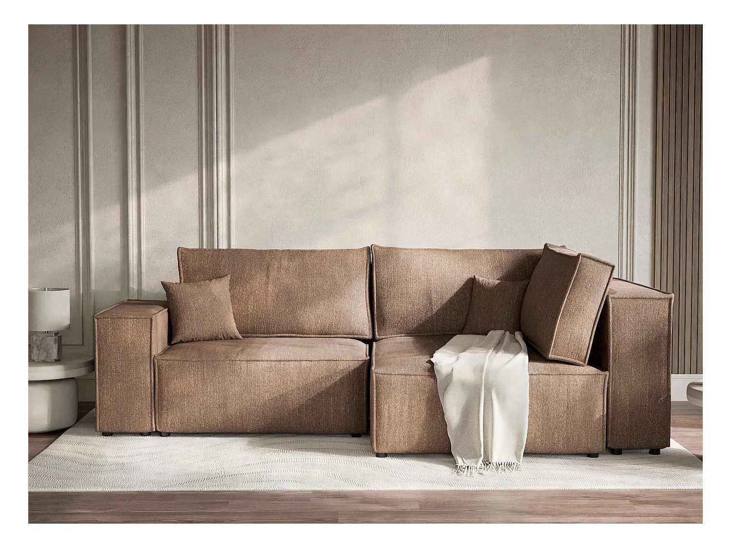 Canapé d'angle droit avec fonction lit en tissu tressé brun TONGA