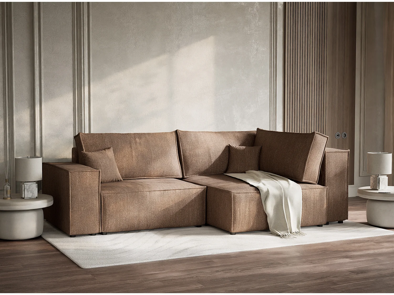 Canapé d'angle droit avec fonction lit en tissu tressé brun TONGA