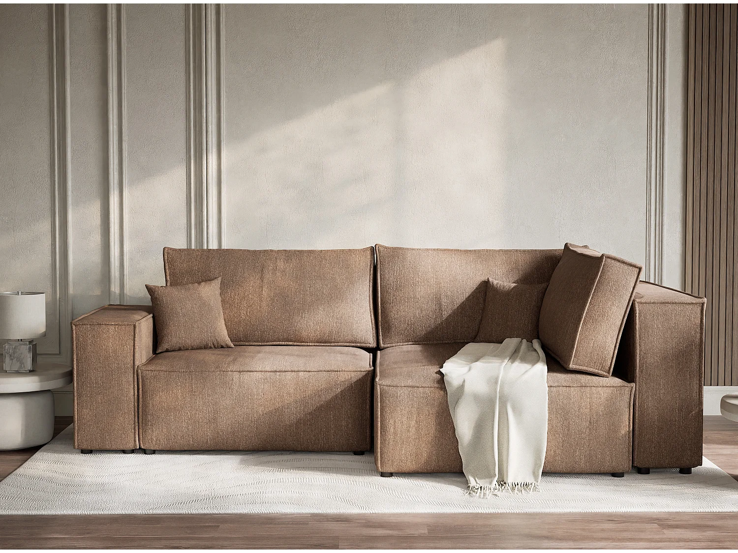 Canapé d'angle droit avec fonction lit en tissu tressé brun TONGA