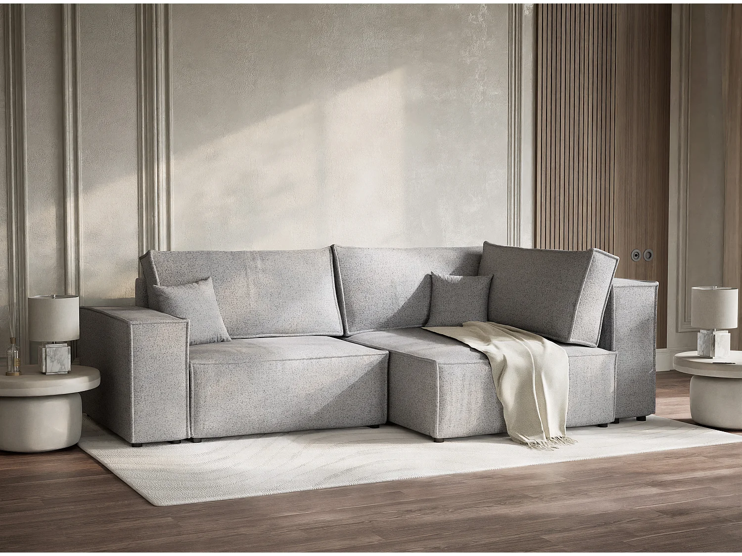 Canapé d'angle droit avec fonction lit en tissu tressé gris clair TONGA