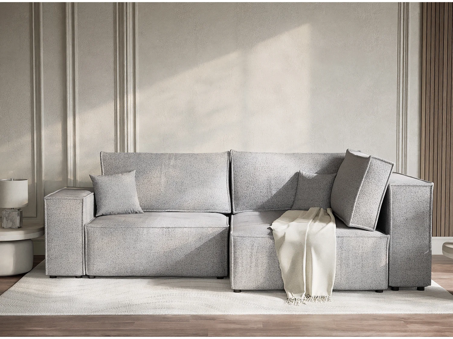 Canapé d'angle droit avec fonction lit en tissu tressé gris clair TONGA