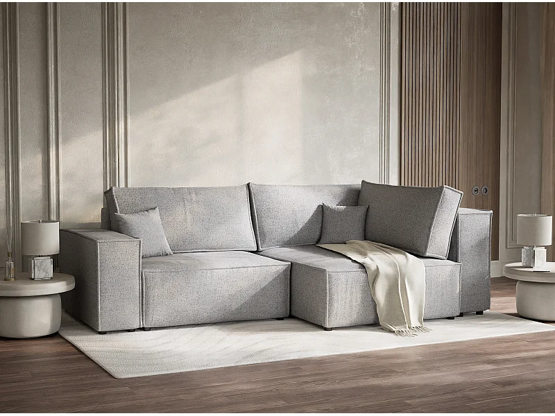 Canapé d'angle droit avec fonction lit en tissu tressé gris clair TONGA